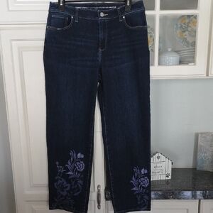 Chico's Dark Blue Straight-Leg Jeans with Purple Floral Embroidery Size 0.5